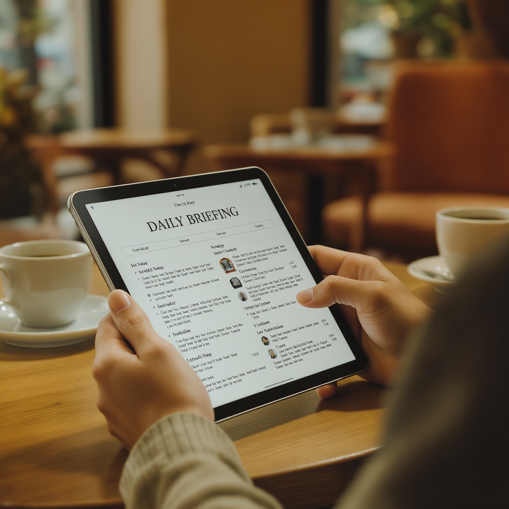 Person reading a briefing on tablet
