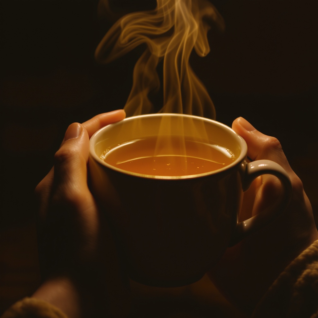 Performer cradling a warm cup of tea backstage