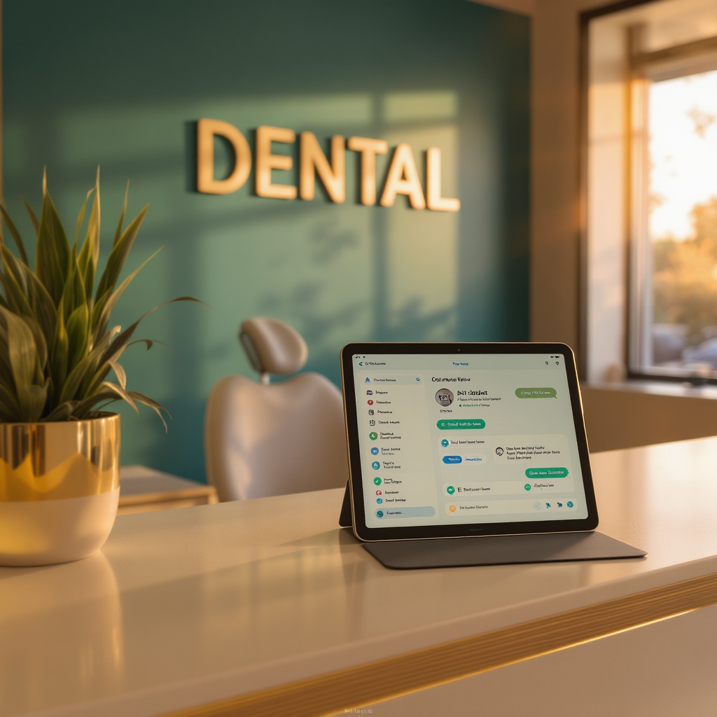 Modern dental office with AI chatbot on tablet