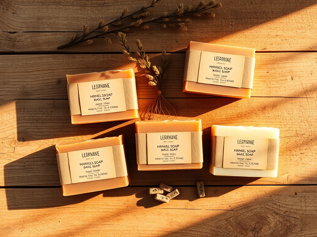 Handmade bar soaps on rustic wooden surface