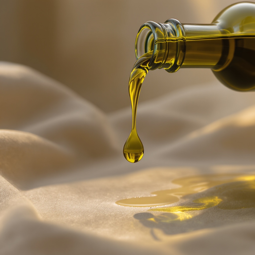 Extra virgin olive oil being poured in golden light