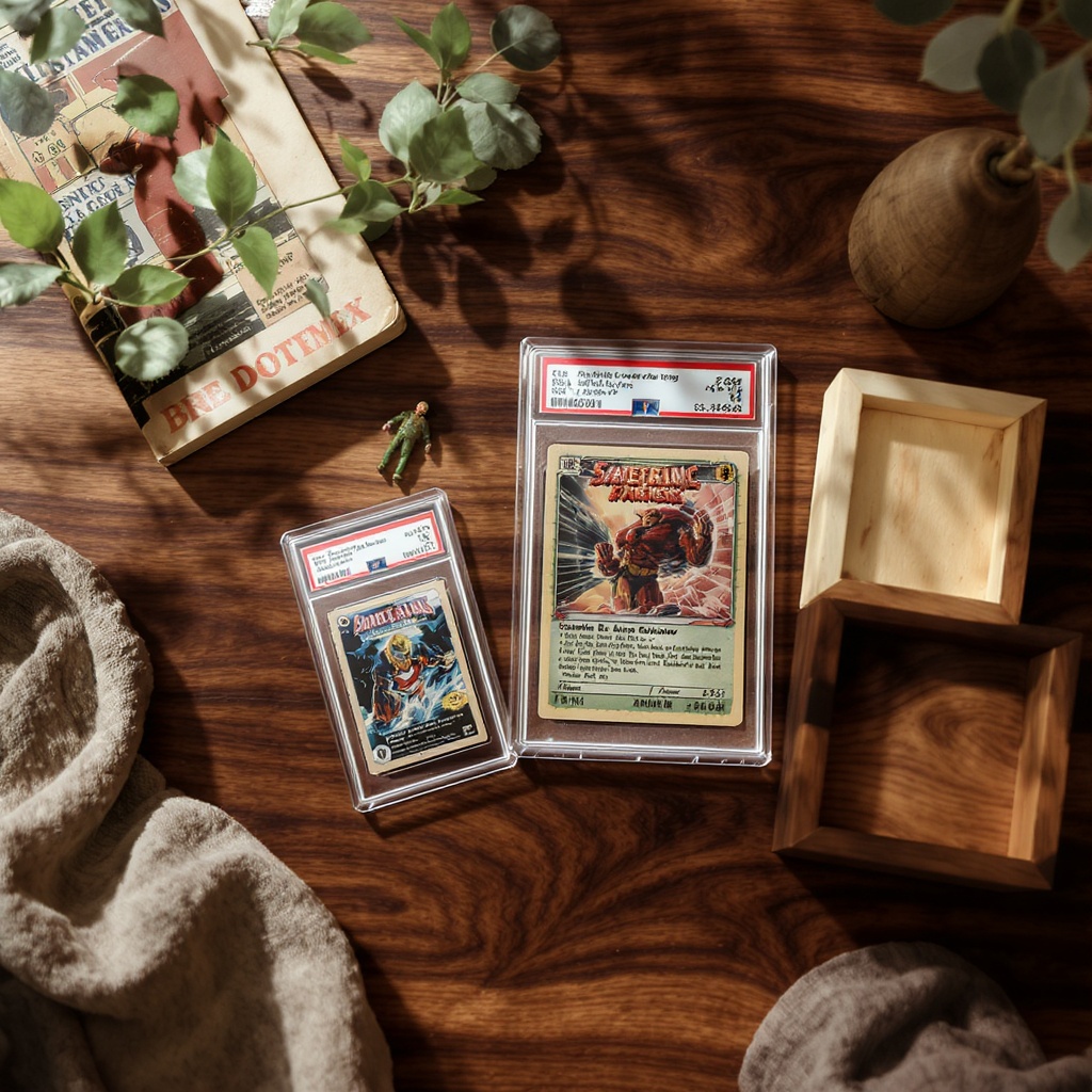 Handcrafted collectibles display on walnut wood surface