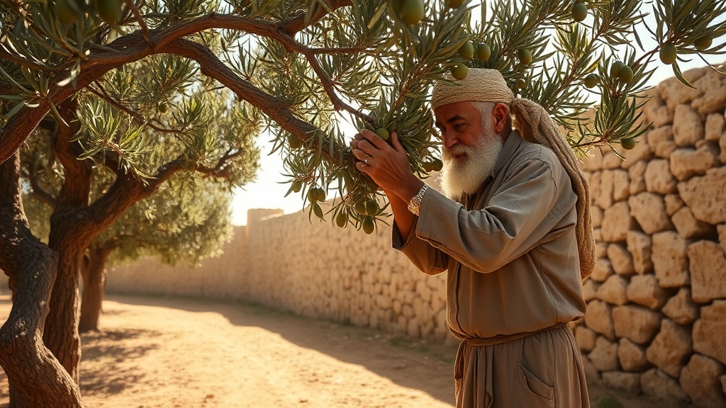 Tunisian farmer harvesting olives