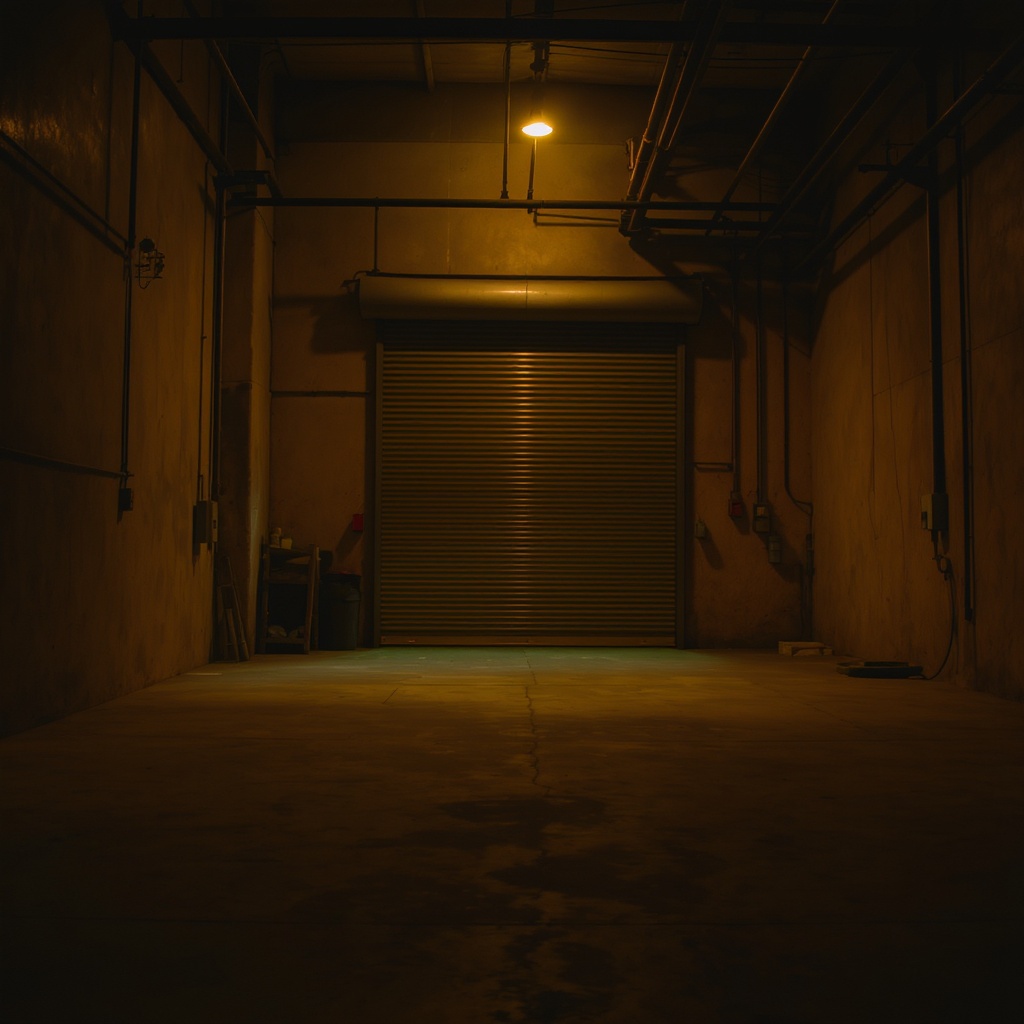 Empty industrial garage bay with amber workshop lighting