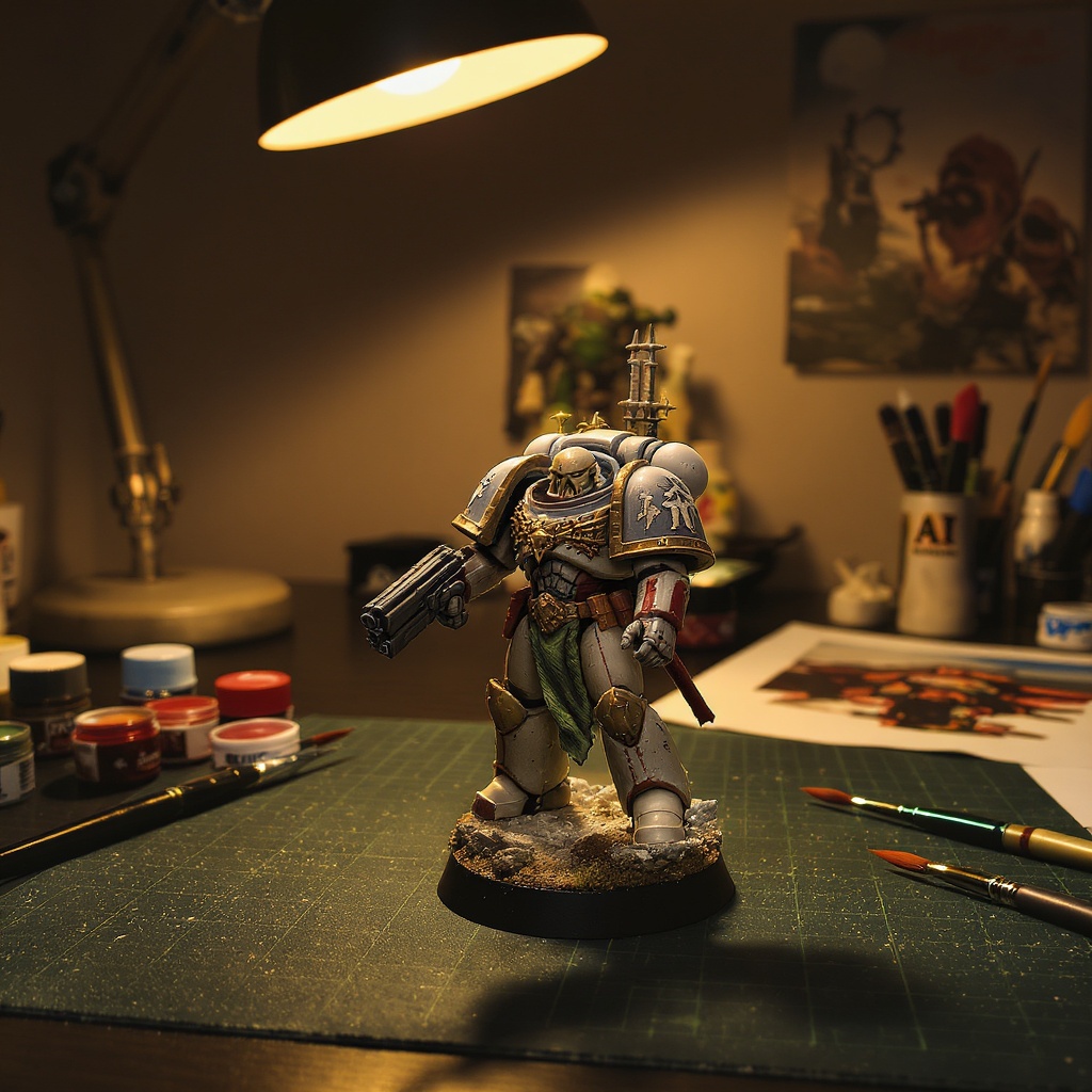 Painted Warhammer miniature on a desk with paint pots and brushes