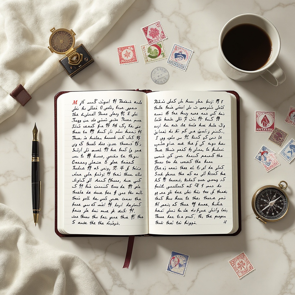 Professional translation workspace with multilingual documents, stamps, and reference materials