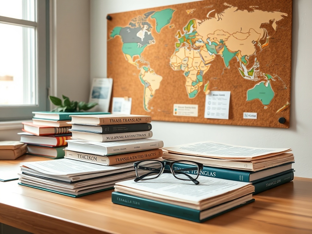 Translation workspace with dictionaries, documents, and reference materials