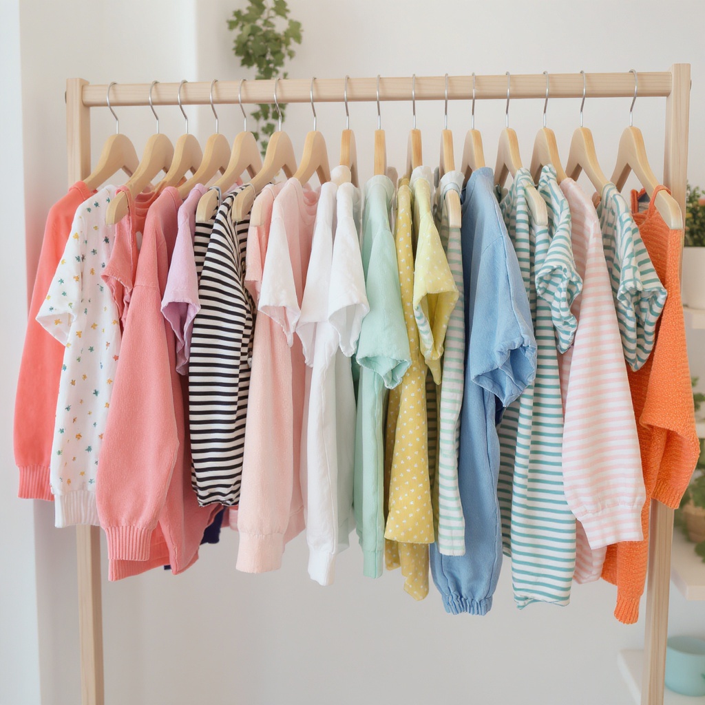 Colorful baby and kids clothing on wooden hangers in a bright boutique