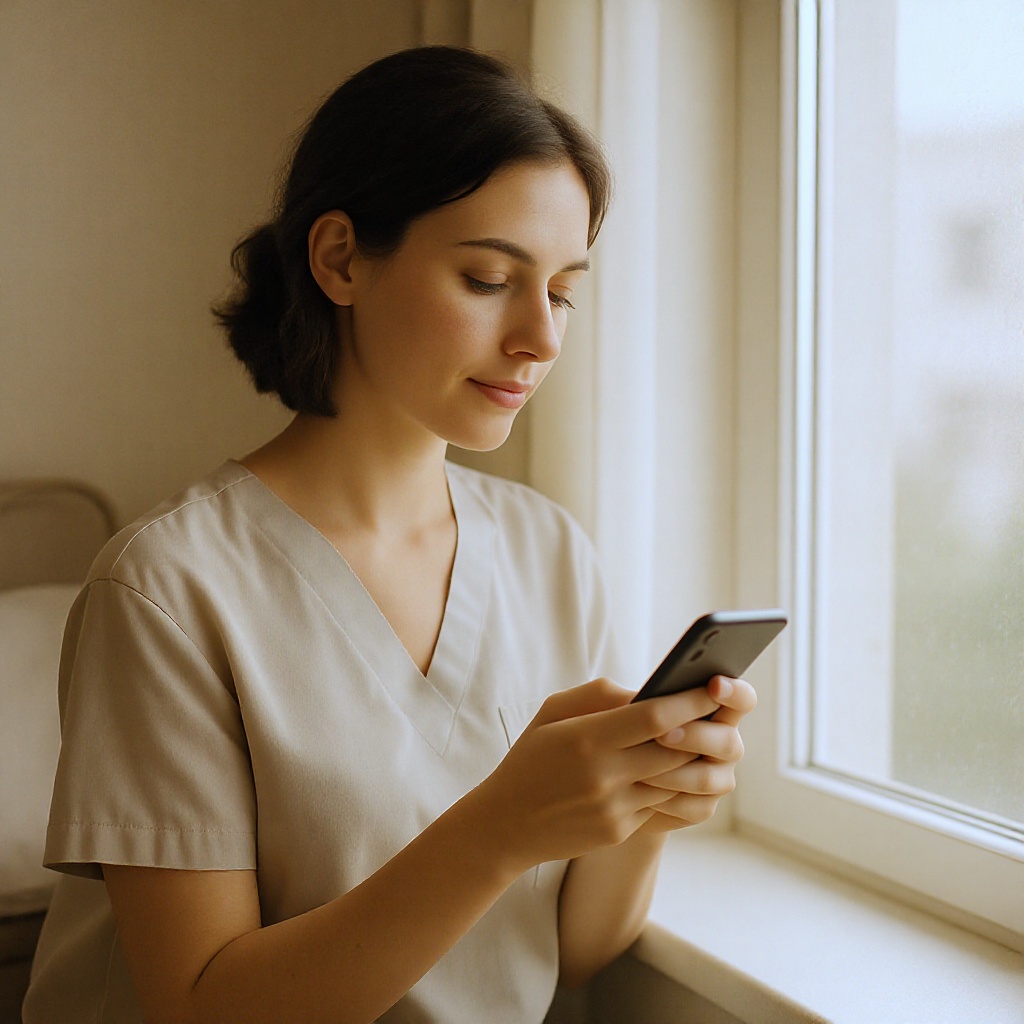 Person checking their phone near a bright window