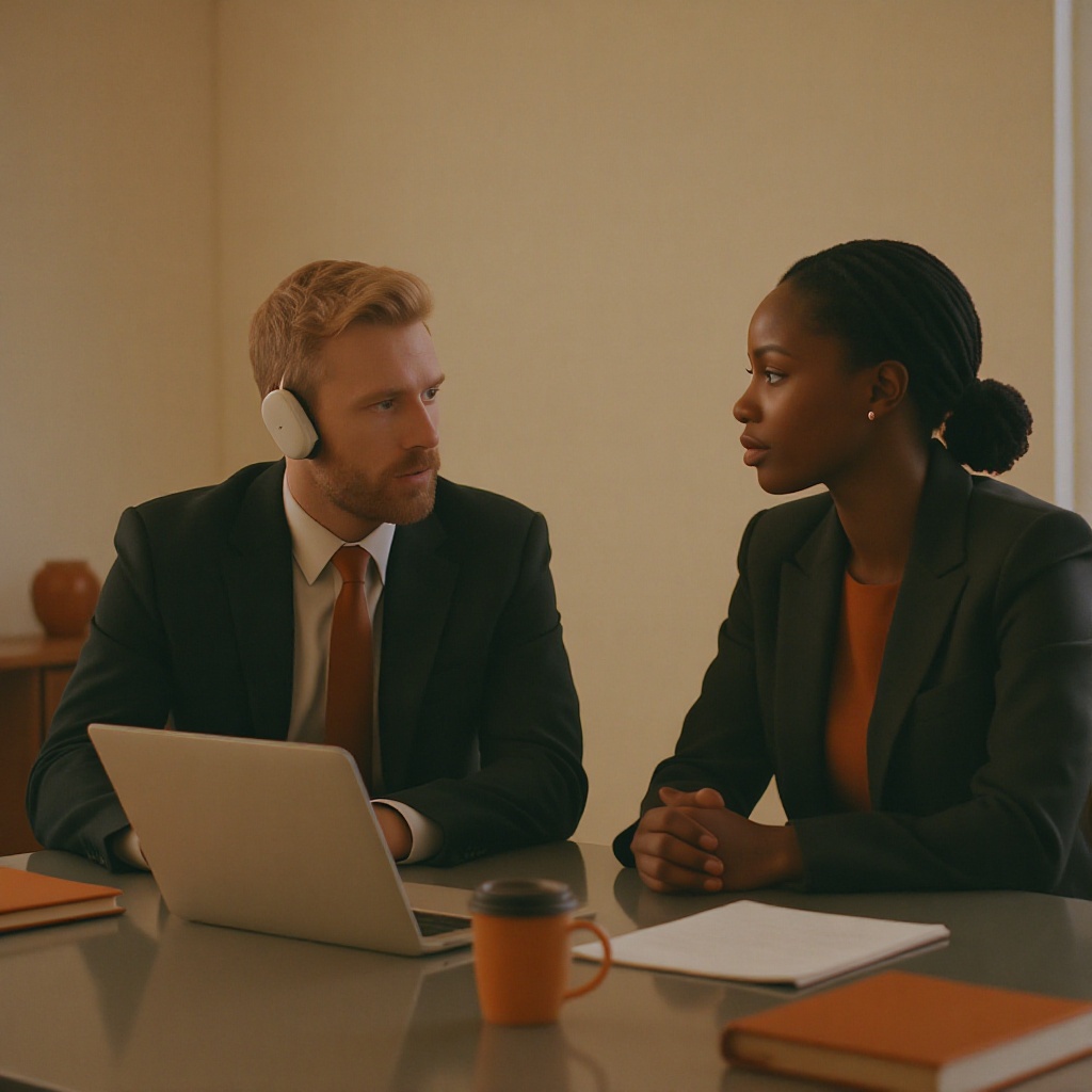 Two professionals in a focused conversation