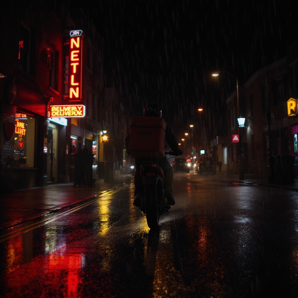 Night delivery driver on motorbike in urban UK street