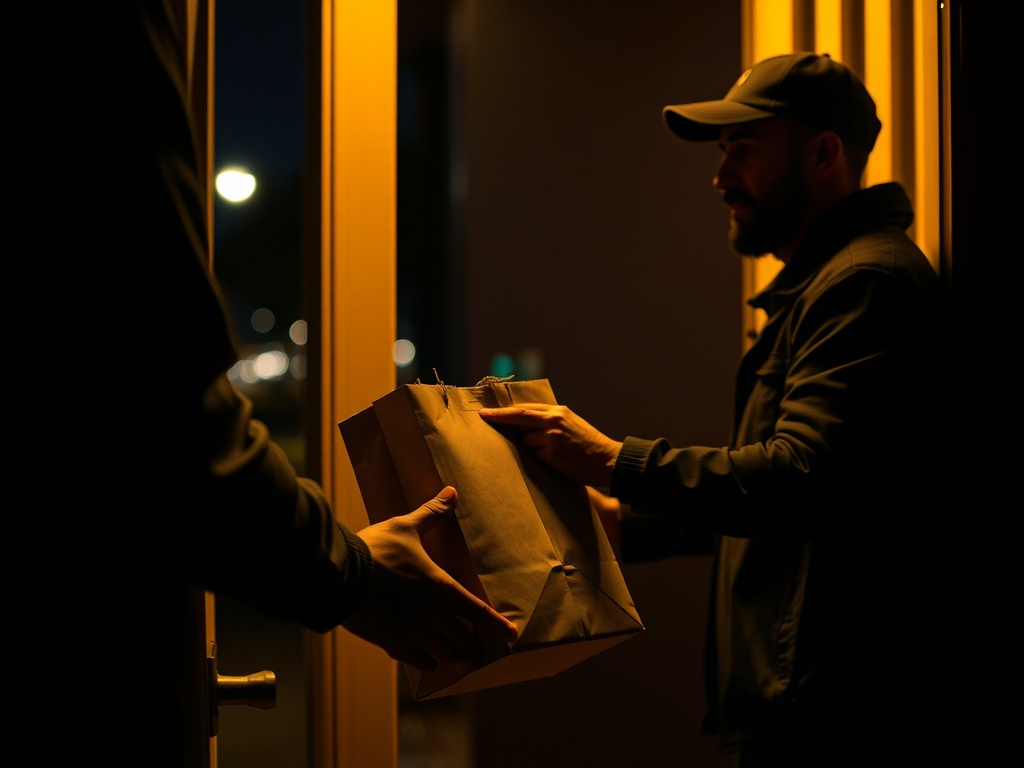 Driver handing over delivery at night