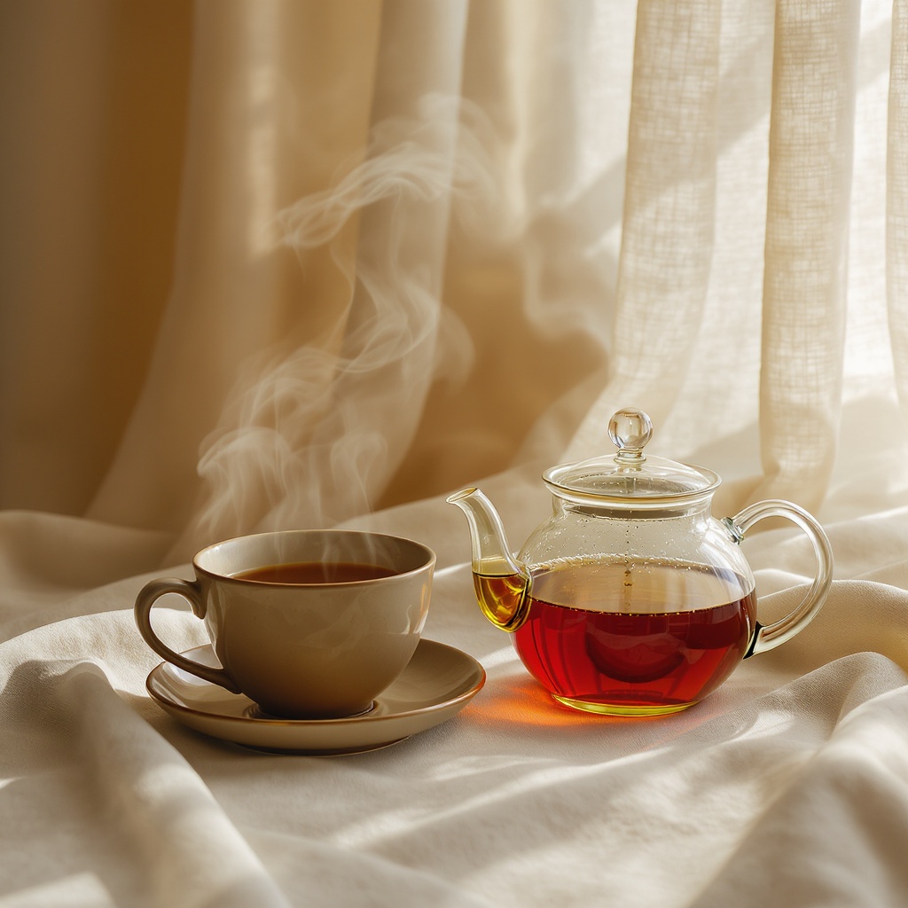 Ceramic tea cup with steam rising