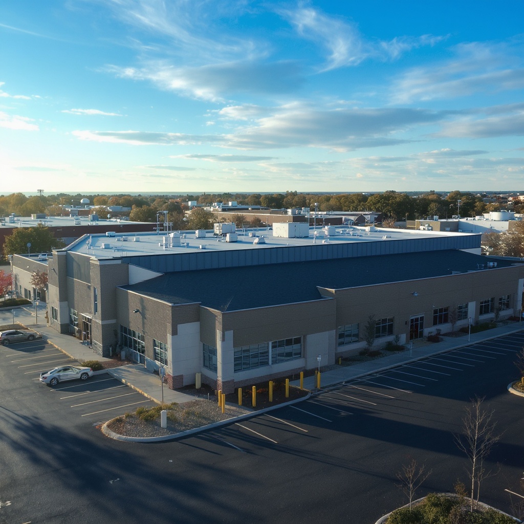 Commercial building with modern flat roof — Munn Roofing Corp
