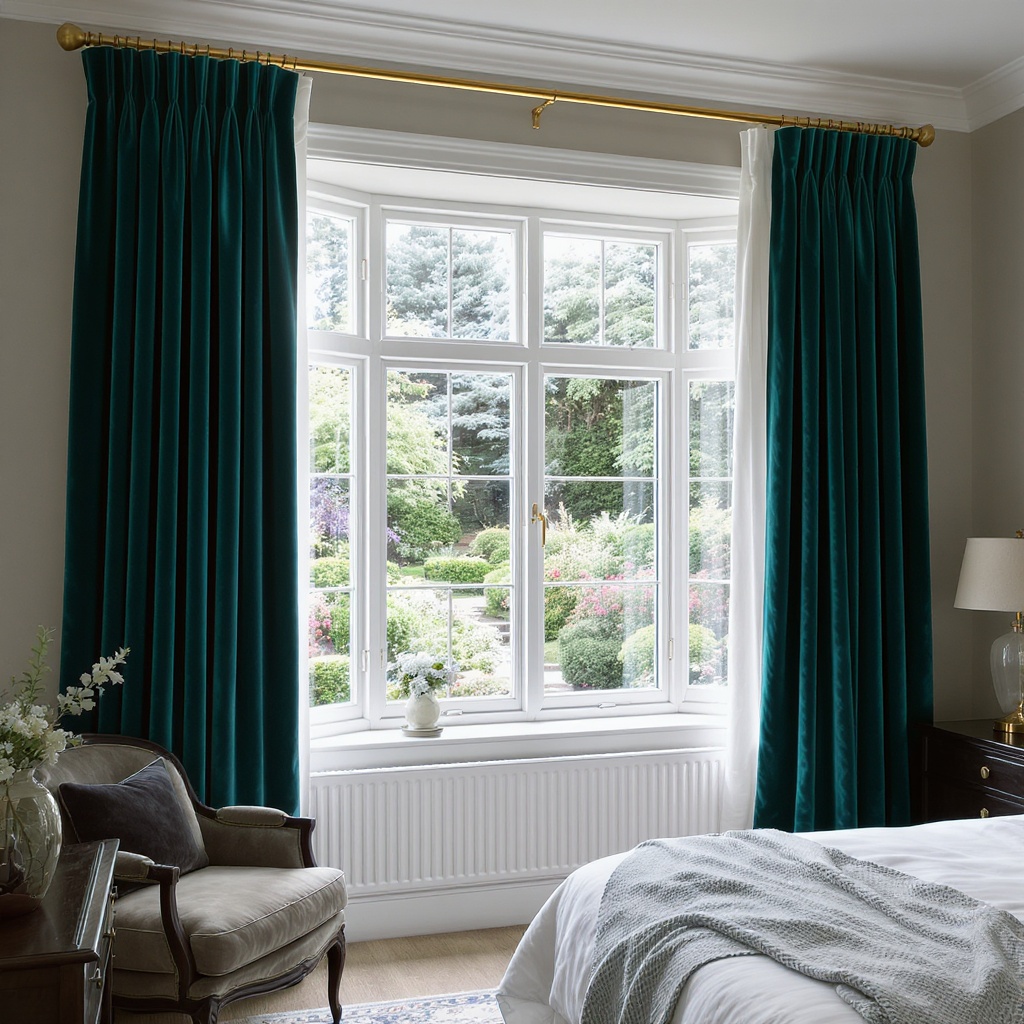 Boutique hotel window with teal velvet curtains