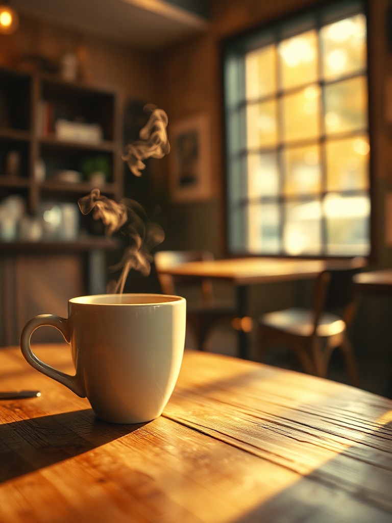 Coffee brand cinematic still — warm light, shallow DOF