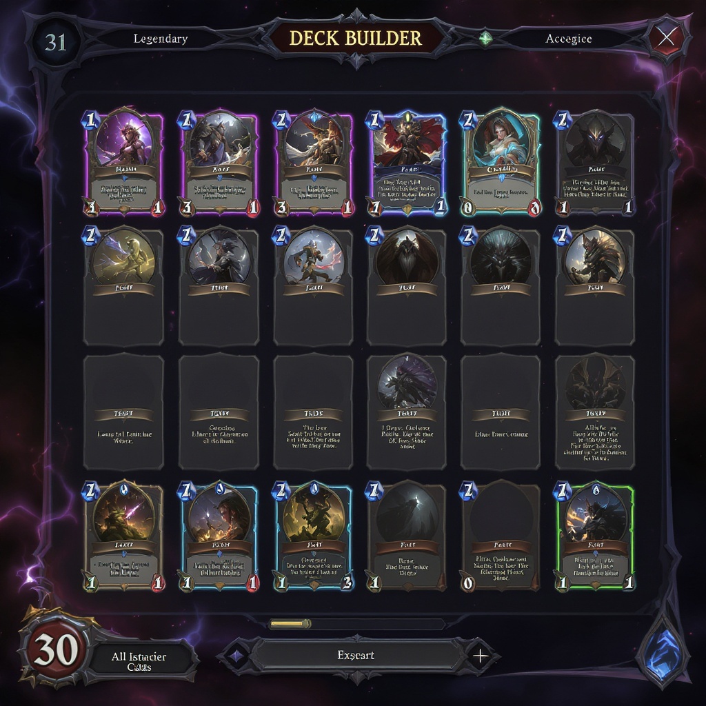 Shadow Realms deck builder UI — card grid with rarity glow borders and archetype slots