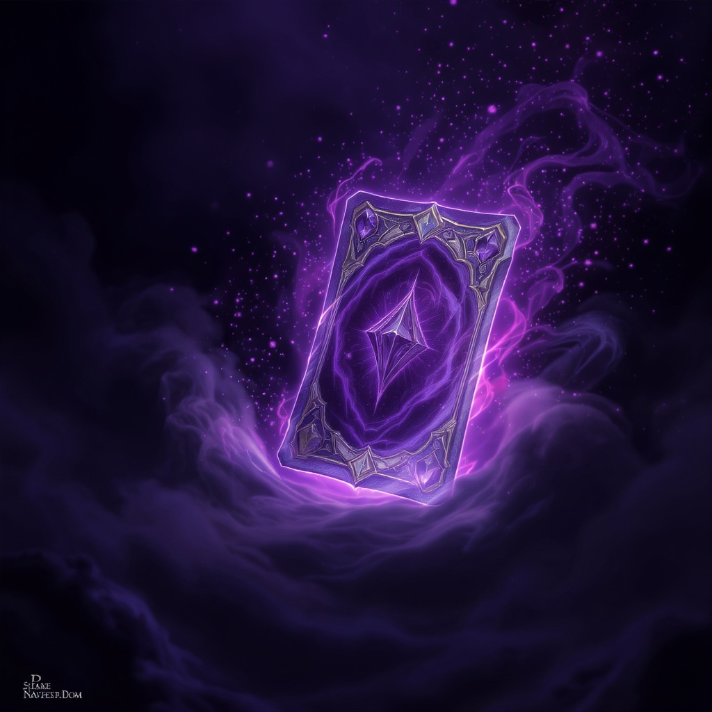 Shadow Realms pack reveal — card emerging from dark void with purple glow effects