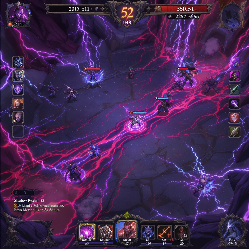 Shadow Realms arena battle — two card teams facing off with HP bars and damage numbers