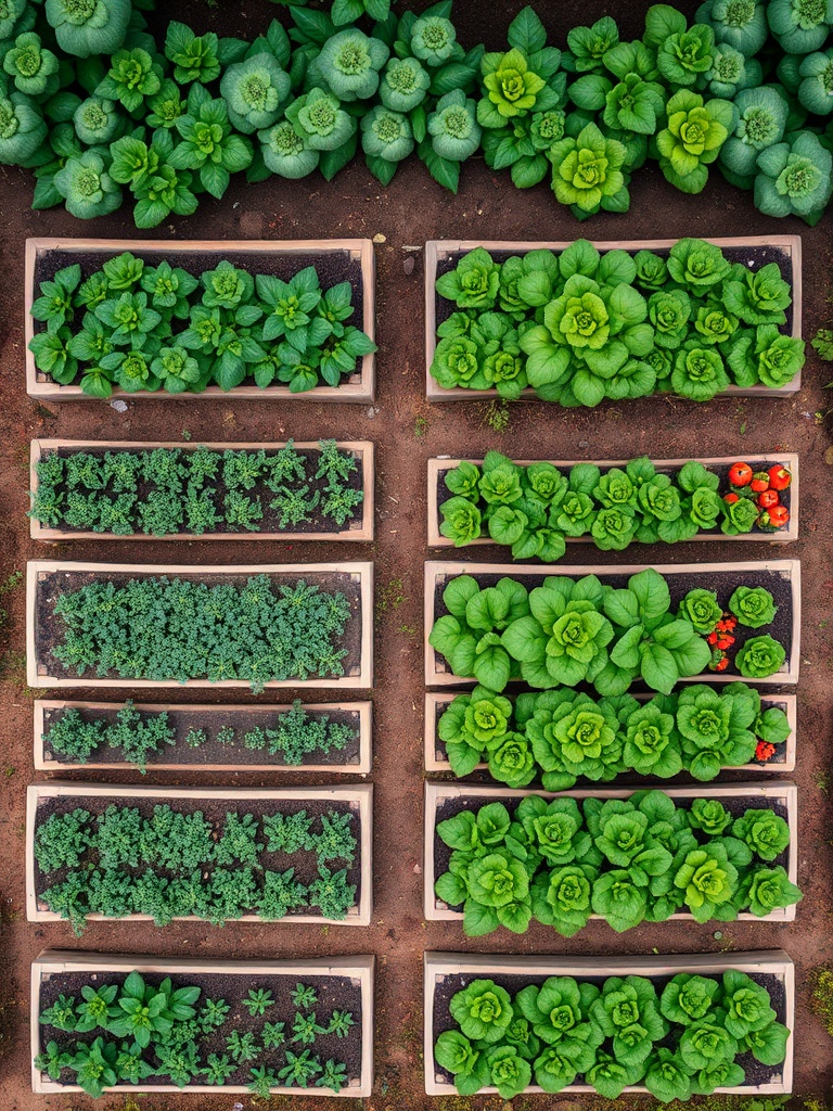 Overhead view of lush backyard vegetable garden with raised beds