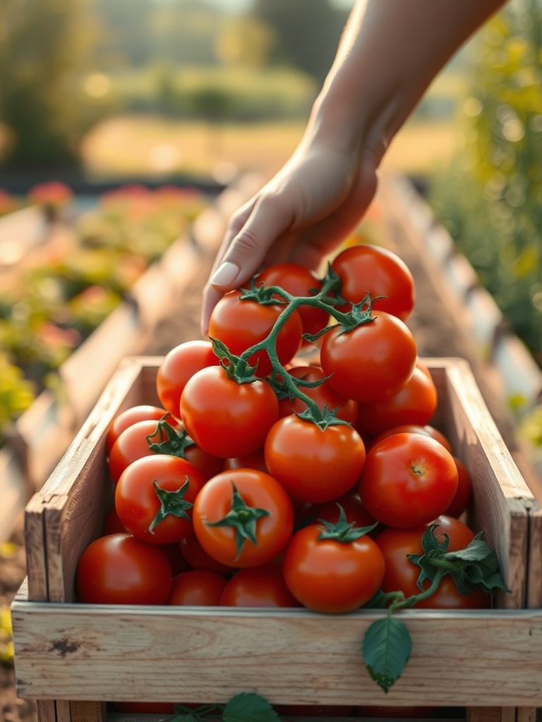 Hands harvesting ripe tomatoes into a wooden crate