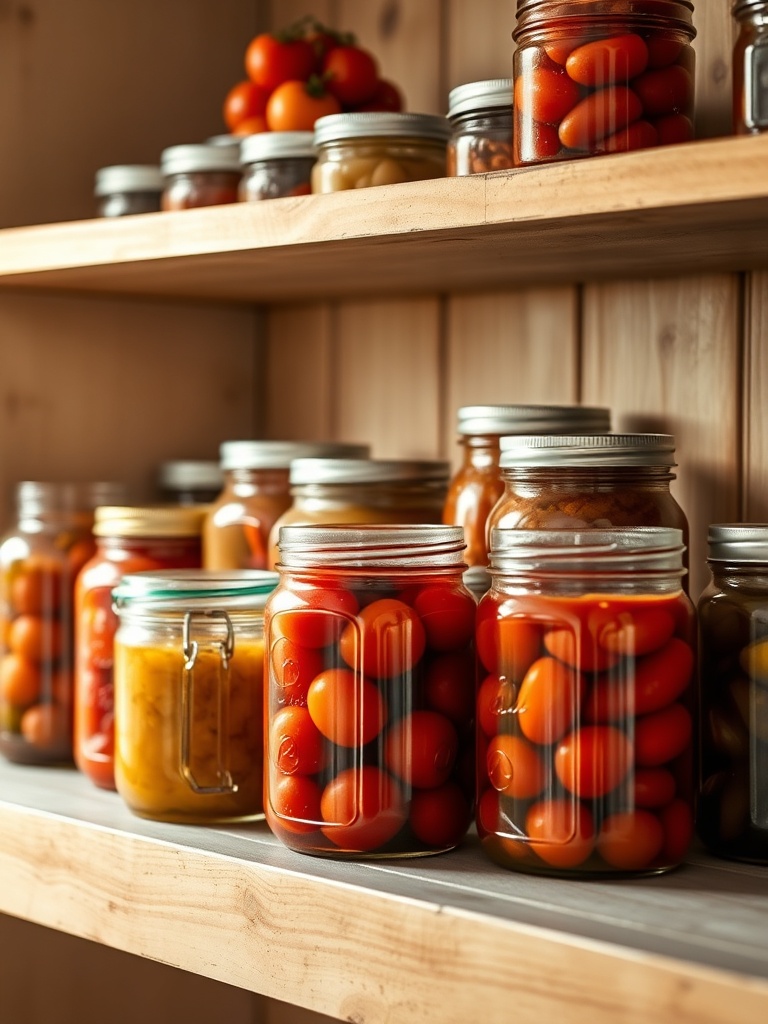 Mason jars of preserved tomatoes, pickles and jams on a rustic wooden shelf