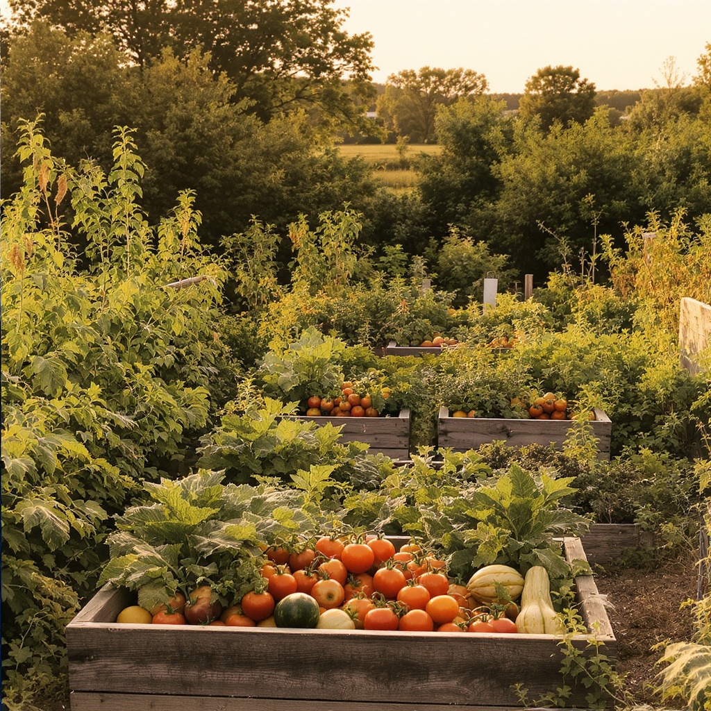 A lush Tennessee kitchen garden at golden hour with raised beds full of ripe tomatoes and greens