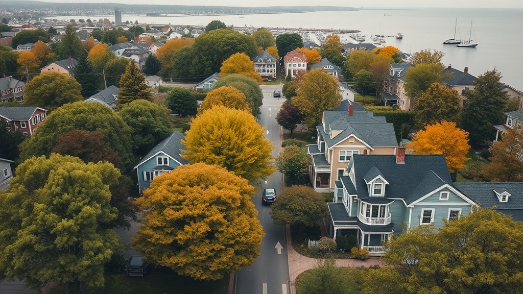 Aerial neighborhood view near harbor