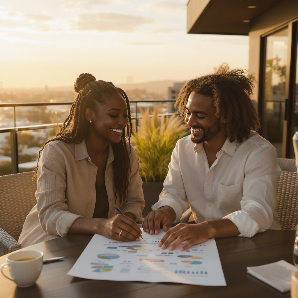 Diverse couple at rooftop cafe, planning their shared vision together