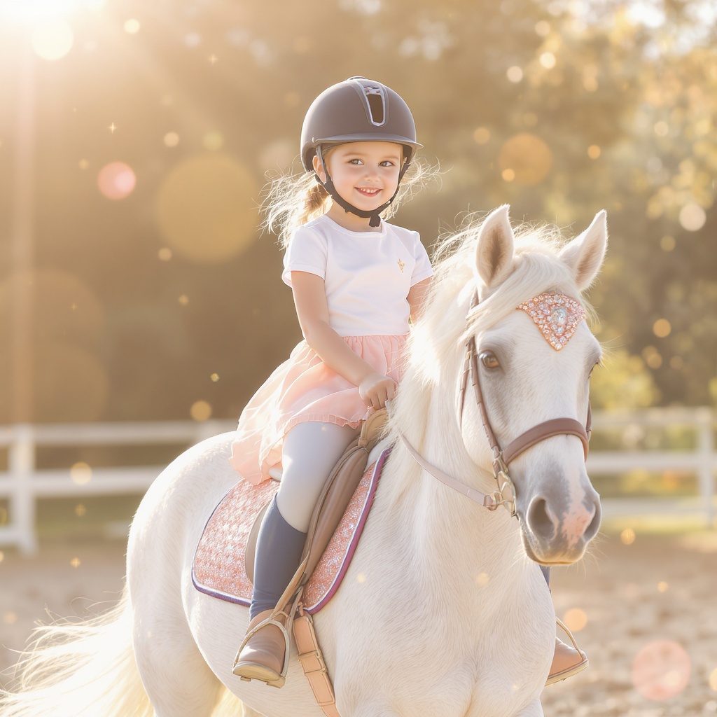 Young rider on a sparkly pony with rose-gold saddle pad