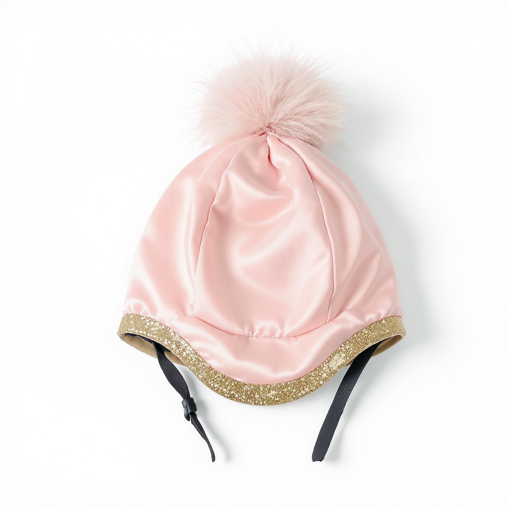 Fluffy pom-pom hat silk in blush pink and gold sparkle trim