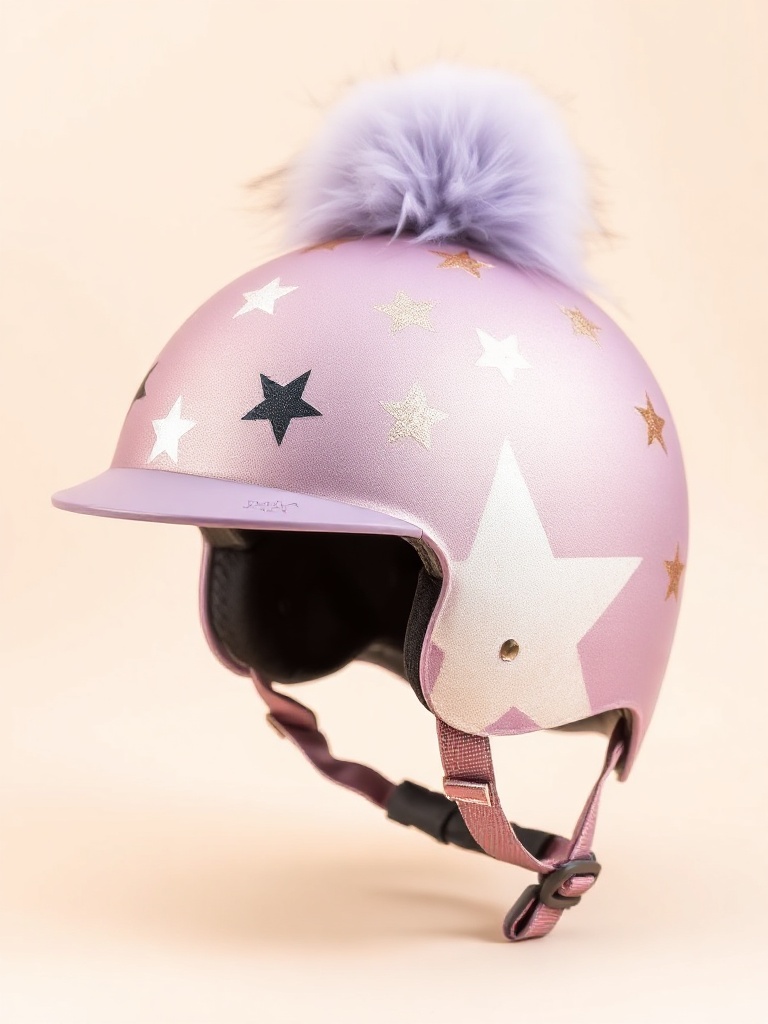 Kids riding hat silk with glitter star pattern and fluffy lilac pom-pom in rose gold