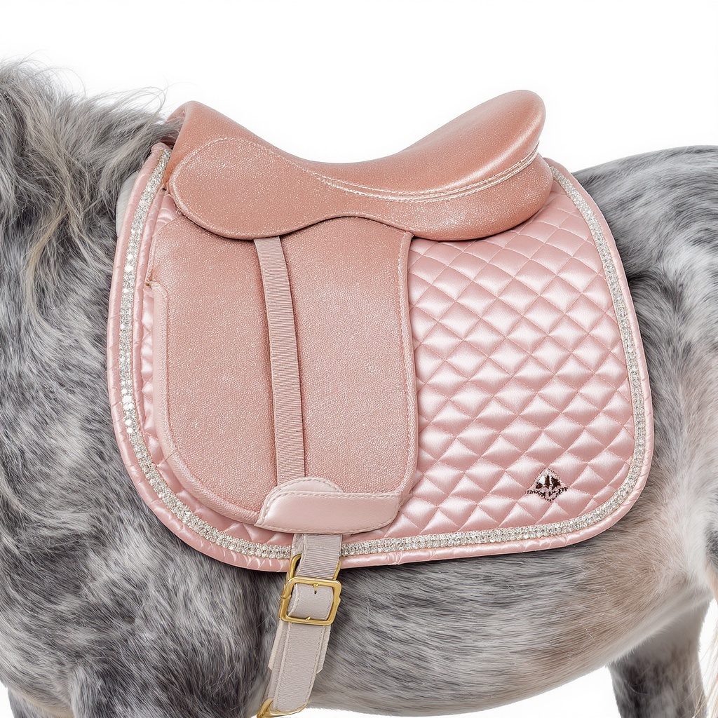 Rose-gold sparkle saddle pad with crystal rhinestone trim on a grey pony
