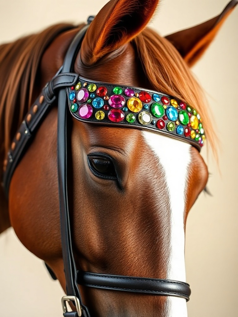 Rainbow crystal browband for pony bridle with Preciosa rhinestones on leather