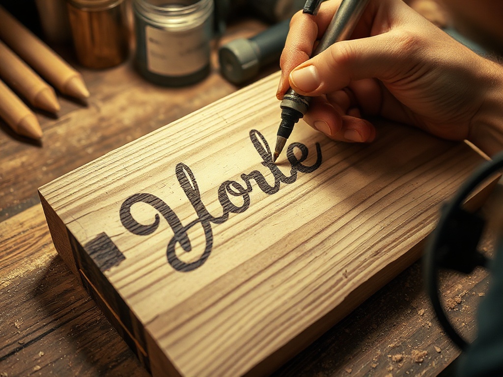 Craftsman working on a wood sign by hand
