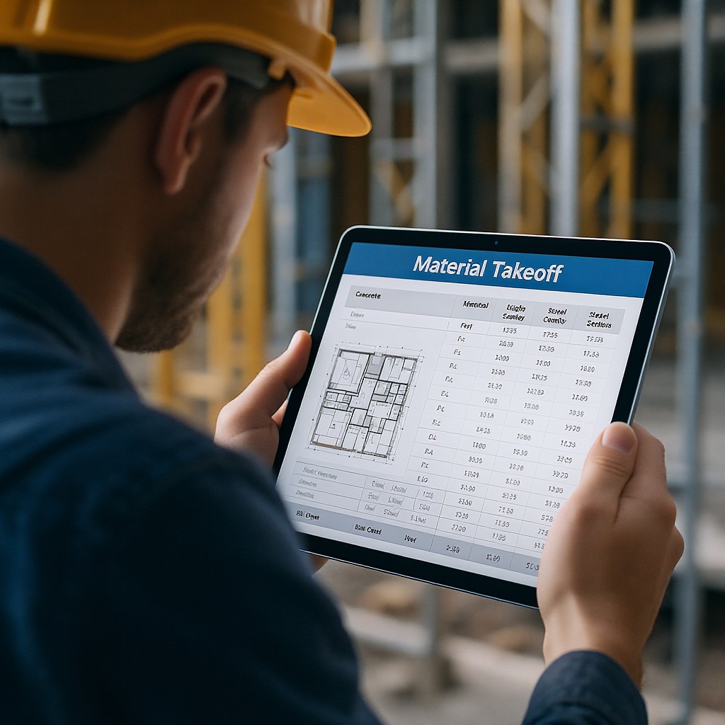 Contractor reviewing takeoff report on tablet