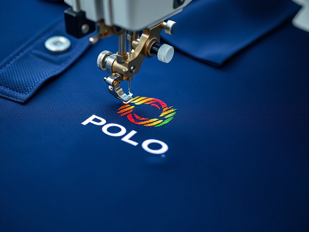 Left-chest logo embroidery on corporate polo uniforms — 50-person team