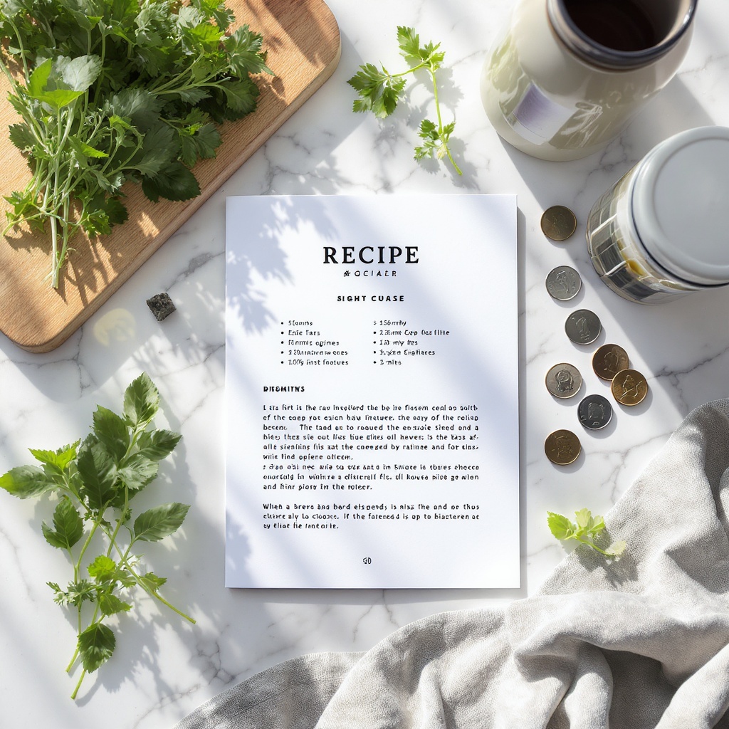 Bright editorial flatlay with recipe, ledger, and jar in morning light