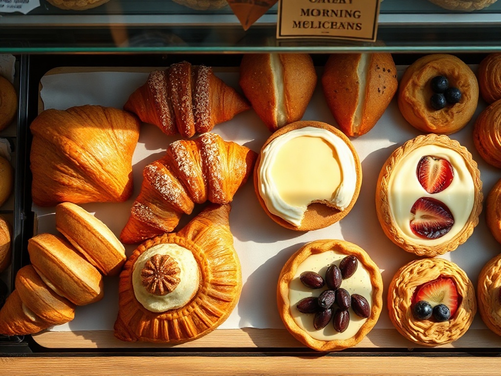 Assorted morning pastries: croissants and danishes