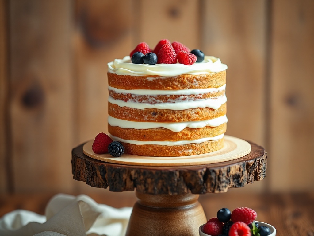 Custom layered cake with cream cheese frosting and berries