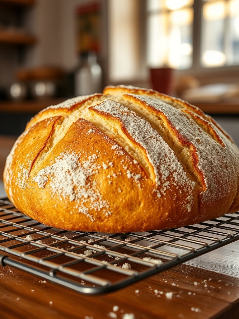 Golden sourdough boule with scored top on wire rack