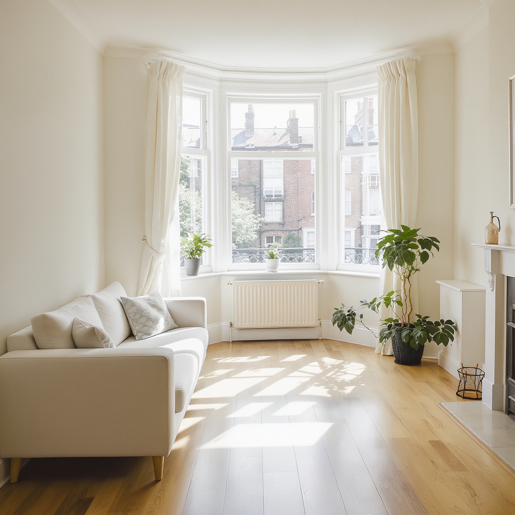 Clean, bright London flat living room with pristine white surfaces