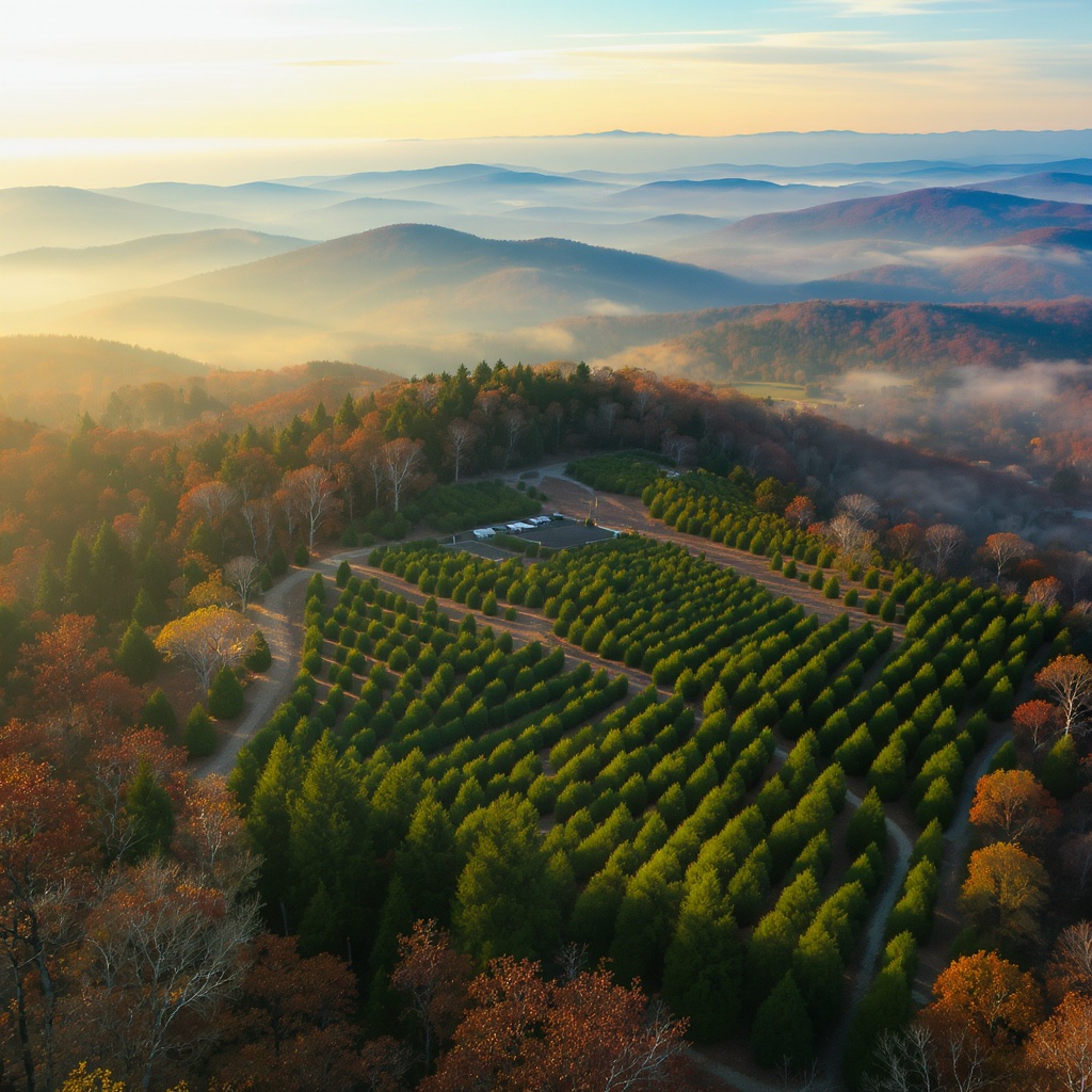 Fraser fir farm on a North Carolina mountain ridge at golden hour