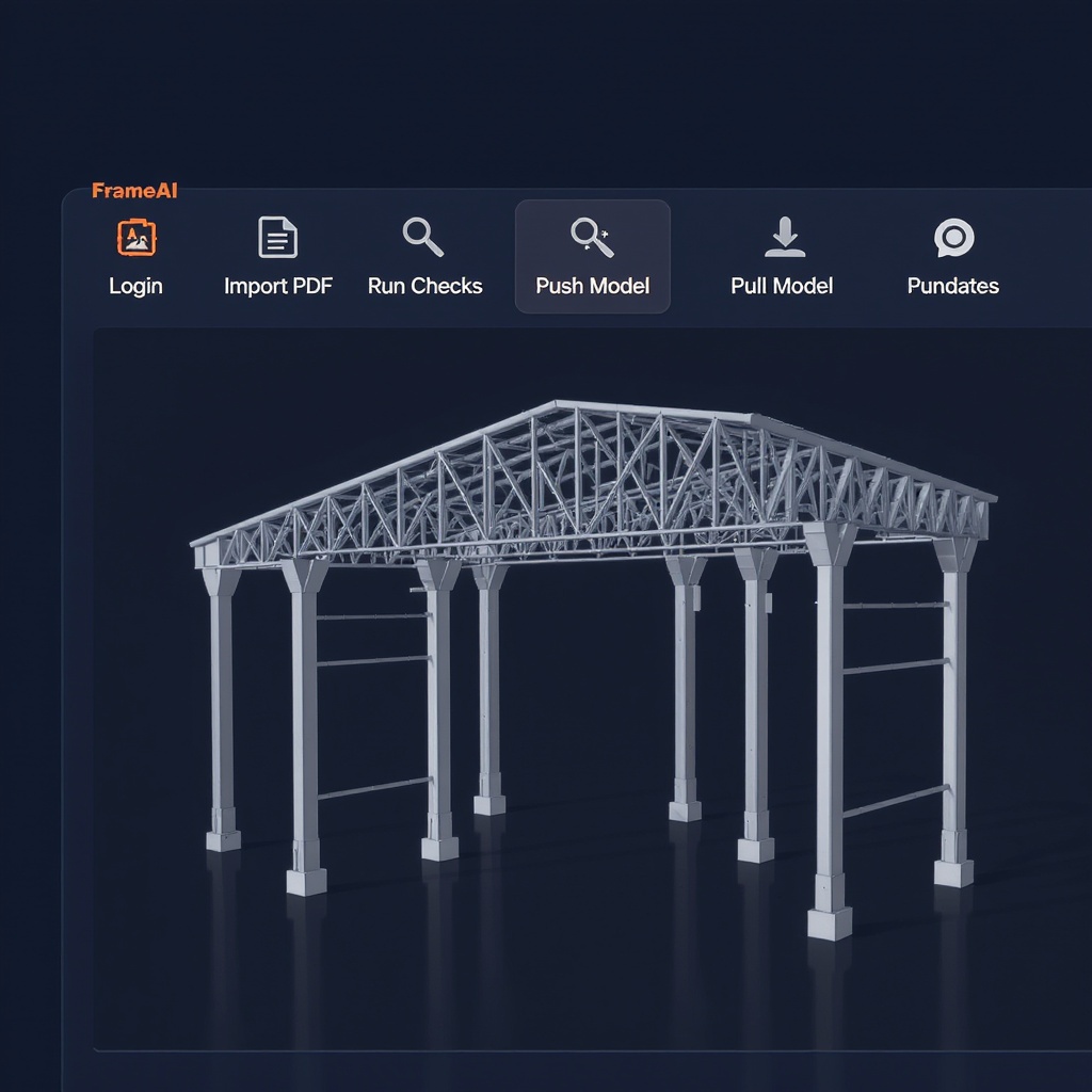 FrameAI ribbon inside Tekla Structures — Login, Import PDF, Run Checks, Push Model, Pull Updates buttons