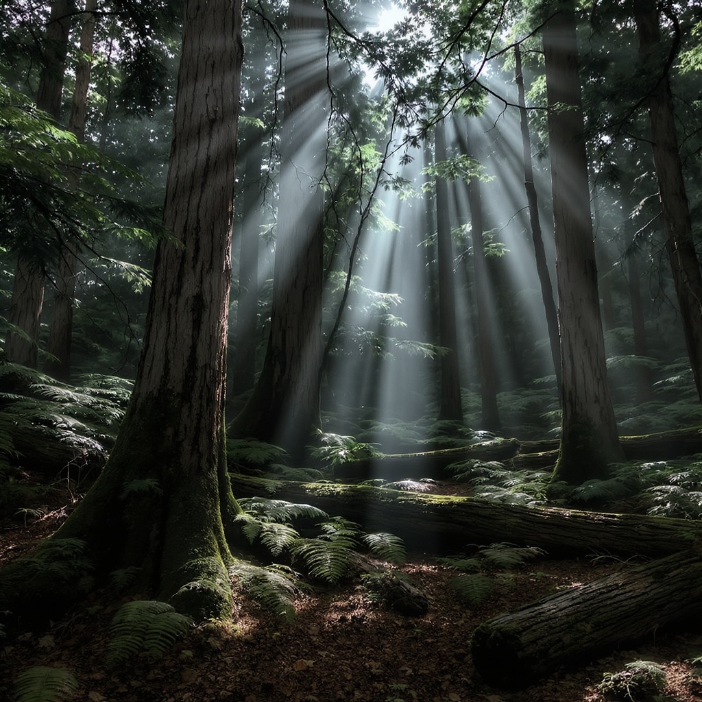 Deep forest with soft light rays filtering through tall trees