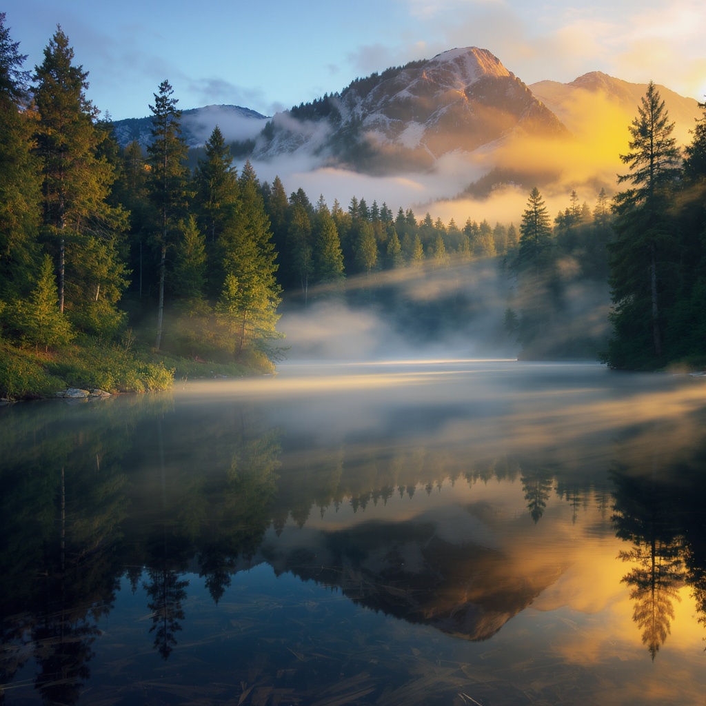 Glass-like lake at dawn with mist rising off the water