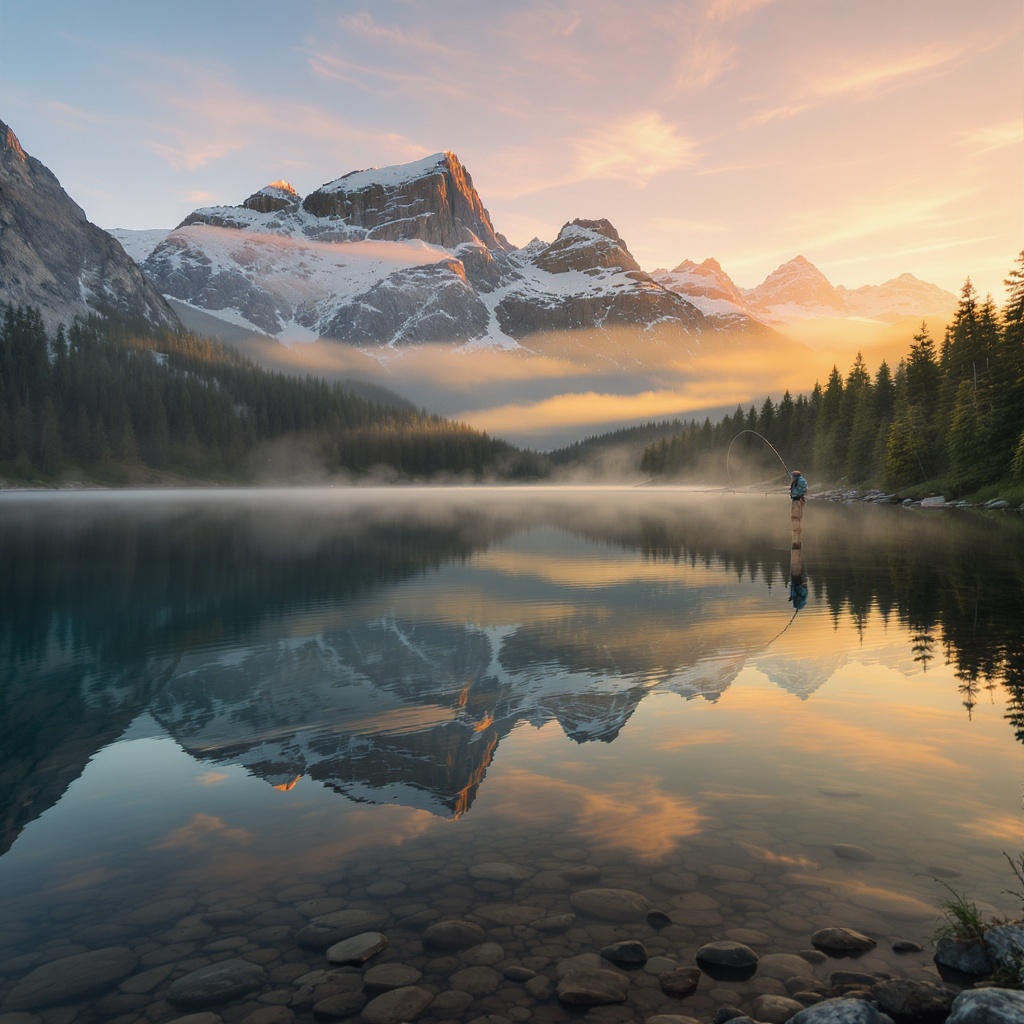 Mountain lake sunrise with fisherman casting a line from the shore