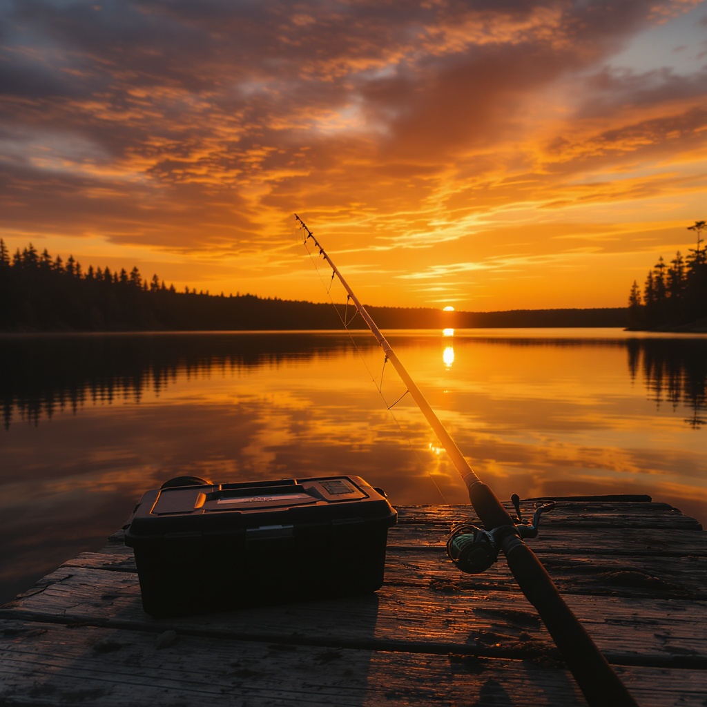 Sunset fishing scene on a wooden dock with warm golden light over water
