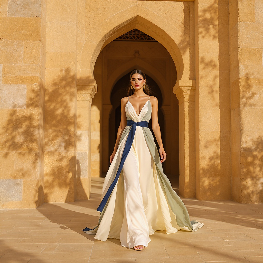 Al-Sharq Maxi Dress — cream with sage draping