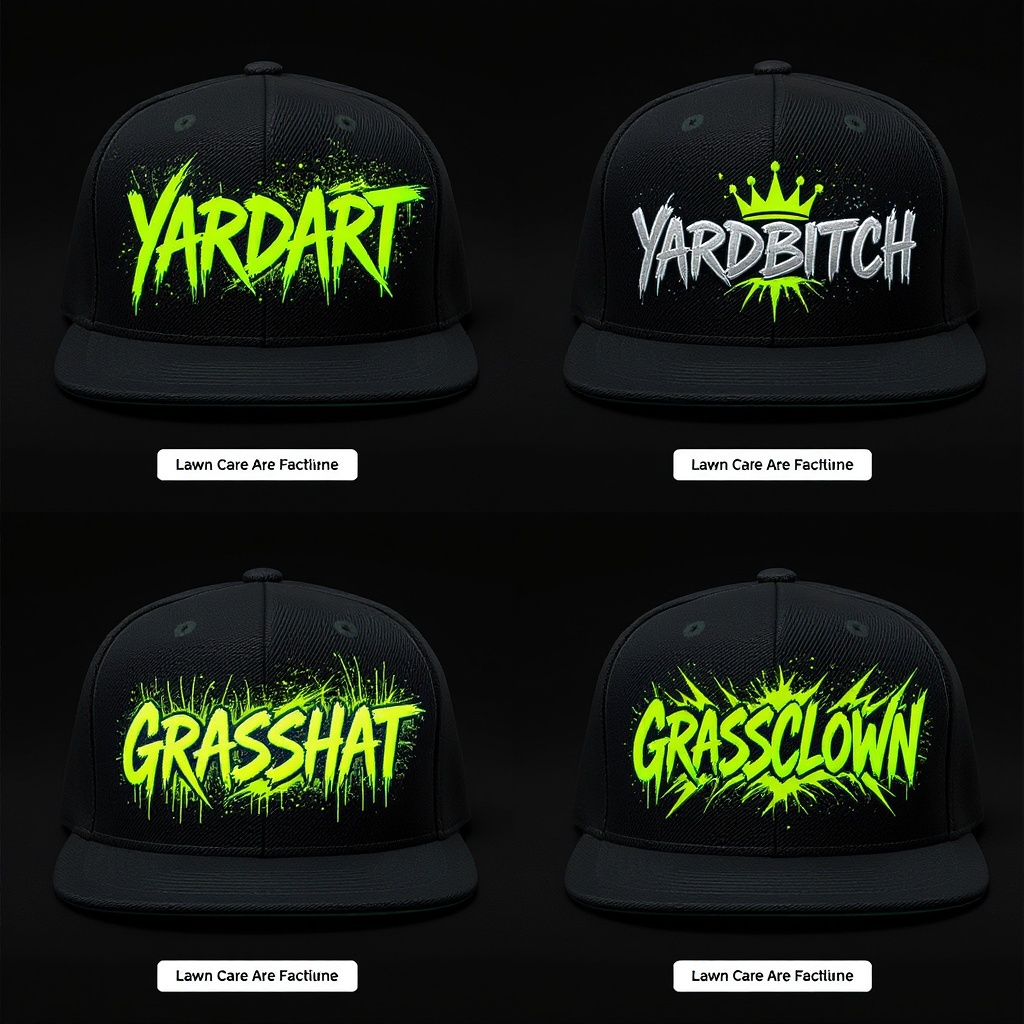All four v3 logos — yardart, yardbitch, grasshat, grassclown — on black structured caps